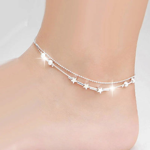 Sexy Barefoot Bracelet Plata Color Star Beads Star Mix Design Double-deck Anklet Kinei Retro Store