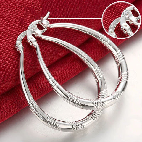 .925 Sterling Silver Earrings - Hoops (40 mm) Oval Latch Wave