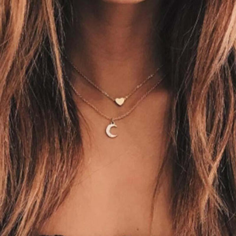 Double Strand Gold Heart and Moon Necklace SUMENG