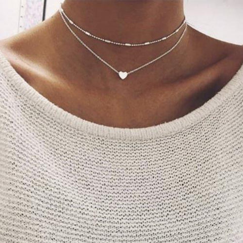 Silver Double Choker Necklace with Small Heart