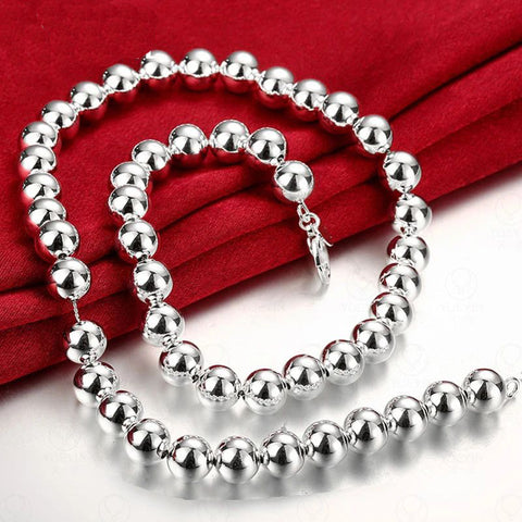 925 Sterling Silver 8mm Hollow Smooth Bead Ball Beaded Necklace Doteffil