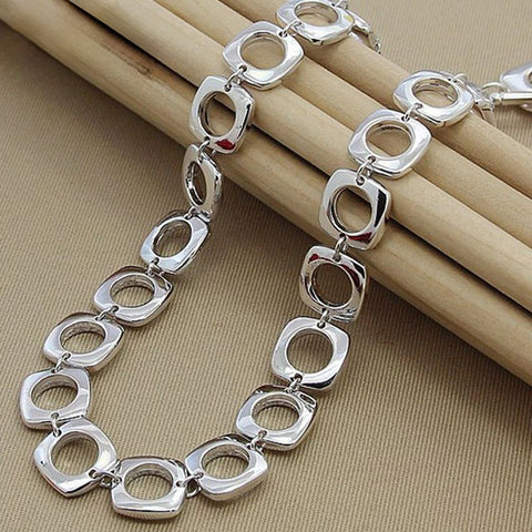 Silver Square Round Link Necklace
