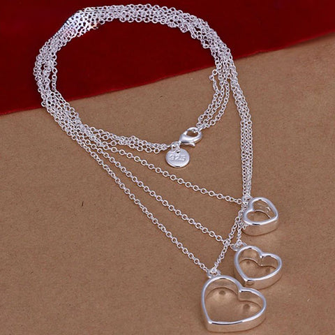 925 Sterling Silver Three Chain Heart Pendant Necklace Doteffil
