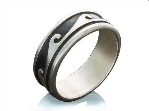 Sterling Silver Ring - Oxidised Wave Band Jesus