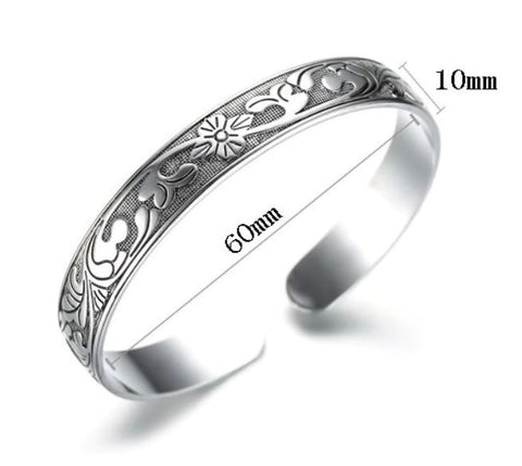 925 Sterling Silver Simple retro black Bangle with Mueteng leaf flower
