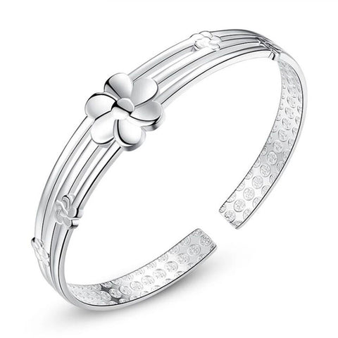 Three Band Six Leaf Silver Flower Bangle NEHZY