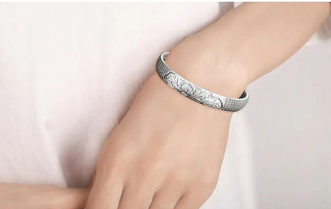 Lotus Heart Silver Flower Bangle Cuff UQBing