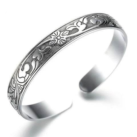 925 Sterling Silver Simple retro black Bangle with Mueteng leaf flower