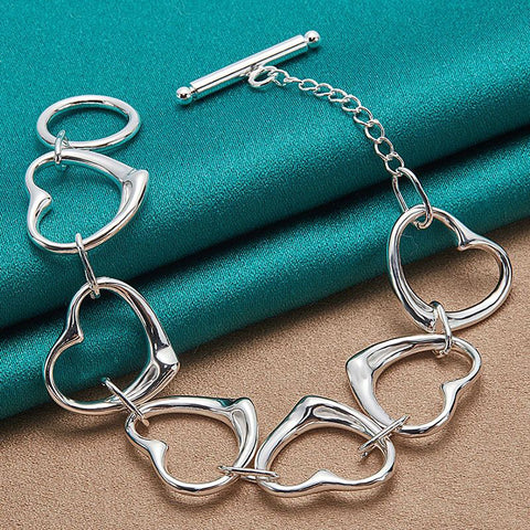 925 Sterling Silver Solid Full Six Heart Chain Bracelet for Women