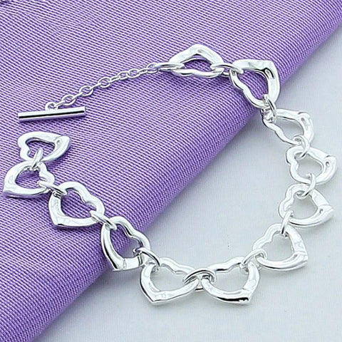 925 Sterling Silver Solid Full Heart Chain Bracelet