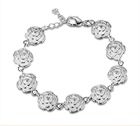 925 Sterling Silver Full Rose Flower Chain Bracelet