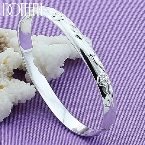 925 Sterling Silver Flower Rose Cuff Opening Bangle Bracelet