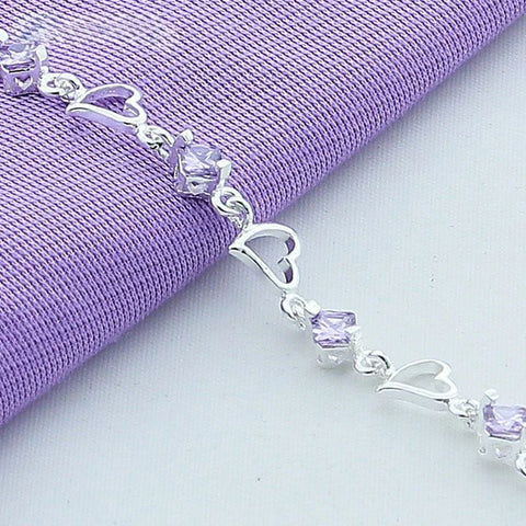 925 Sterling Silver Heart Purple Zircon Bracelet