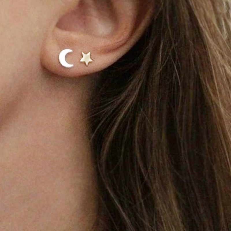 Star and Moon Silver Stud Earrings
