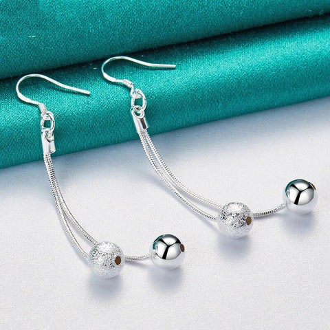 925 Sterling Silver Smooth Matte Beads Long Drop Earrings