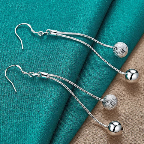 925 Sterling Silver Smooth Matte Beads Long Drop Earrings