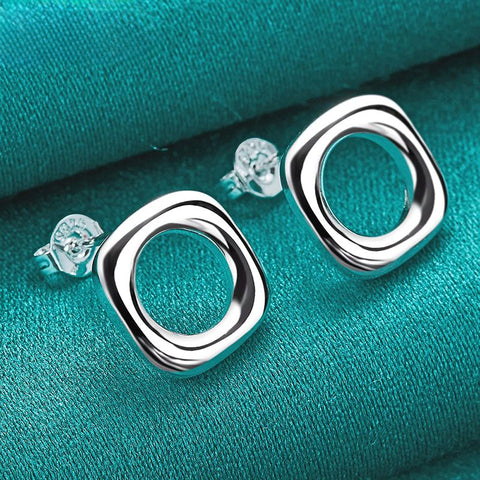 925 Sterling Silver Square Round Push-back Stud Earrings Doteffil