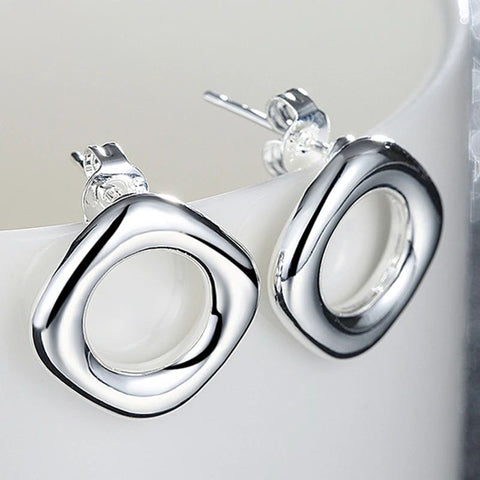 925 Sterling Silver Square Round Push-back Stud Earrings Doteffil