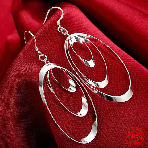 925 Sterling Silver Three Circle Long Tassel Drop Earring