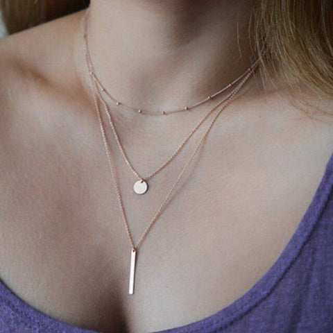 Triple Gold Necklace with Disk and Bar Pendant