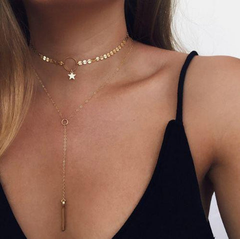 Gold Short Necklace Heart Star Choker with Gold Bar Drop