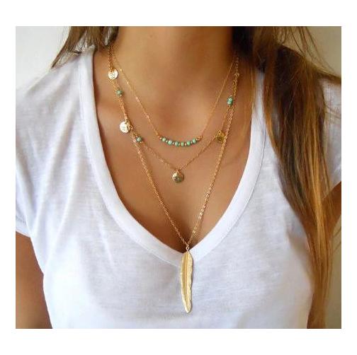 Gold Multilayer Necklace with Turquoise balls and Gold Feather