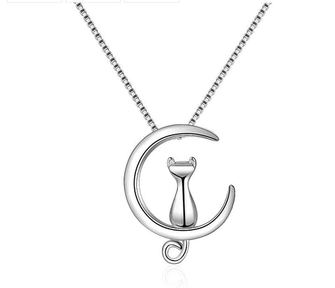 Silver Cat/Moon Pendant on 18” Box Chain