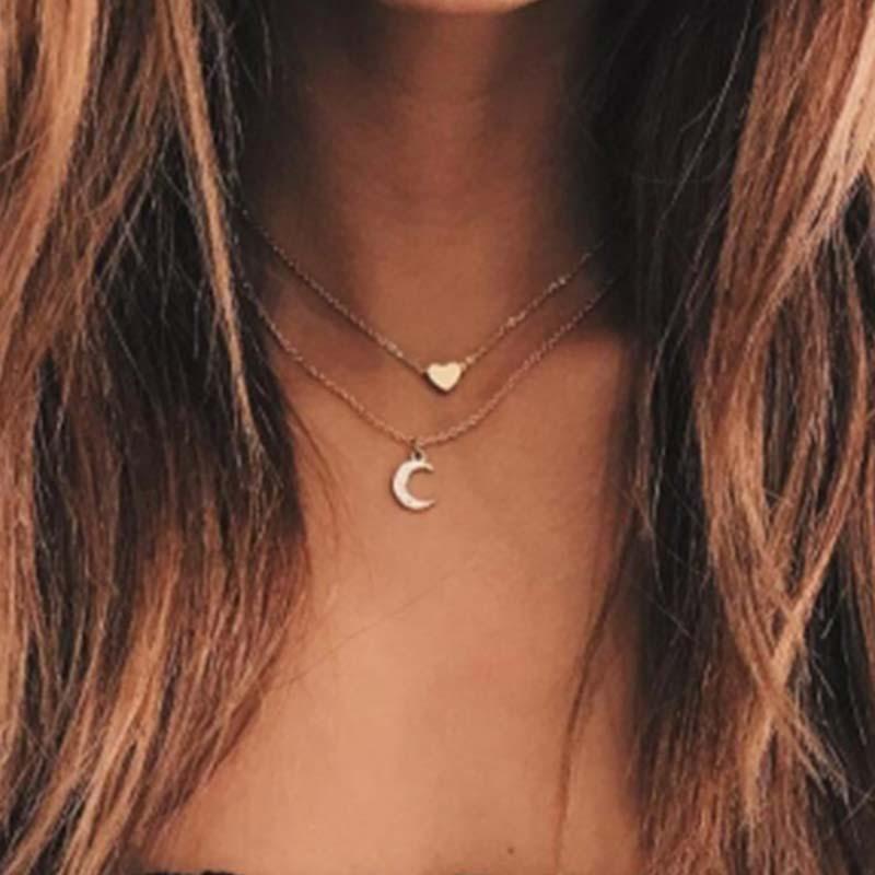 Double Strand Gold Heart and Moon Necklace