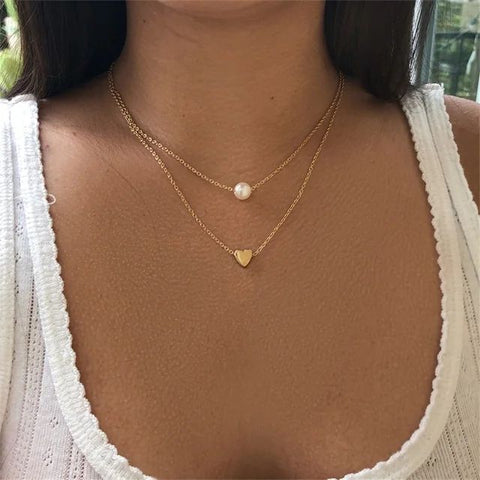 Double Layer Gold Chain with Pearl and Heart shaped Drop Pendant Necklace