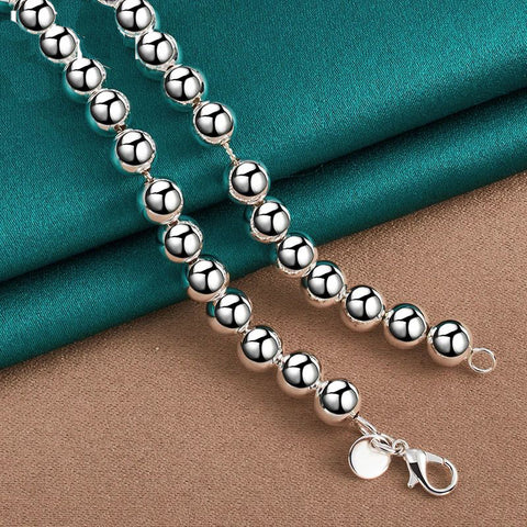 925 Sterling Silver 8mm Hollow Smooth Bead Ball Beaded Necklace Doteffil