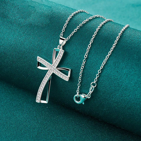 925 Sterling Silver 16 Inch Chain Cross AAA Zircon Pendant Doteffil