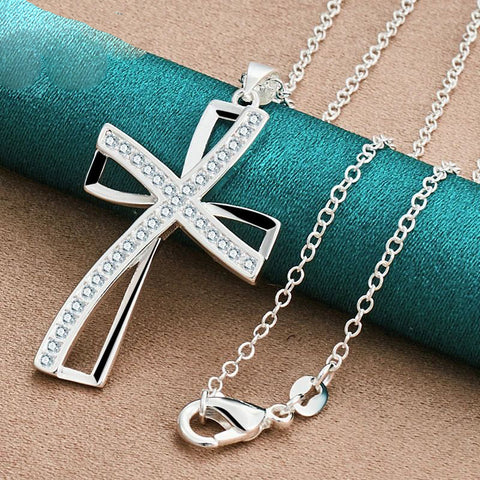 925 Sterling Silver 16 Inch Chain Cross AAA Zircon Pendant Doteffil